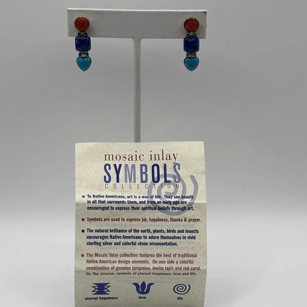 Vintage Southwestern CJC 925 Heart Earrings Lapis Turquoise Mosaic Inlay Dangle